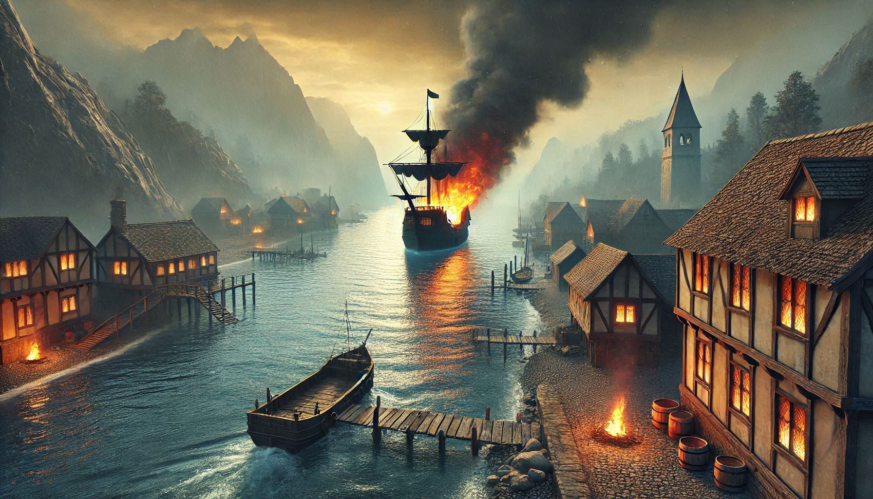A burning ship on a river, heading toward a town.